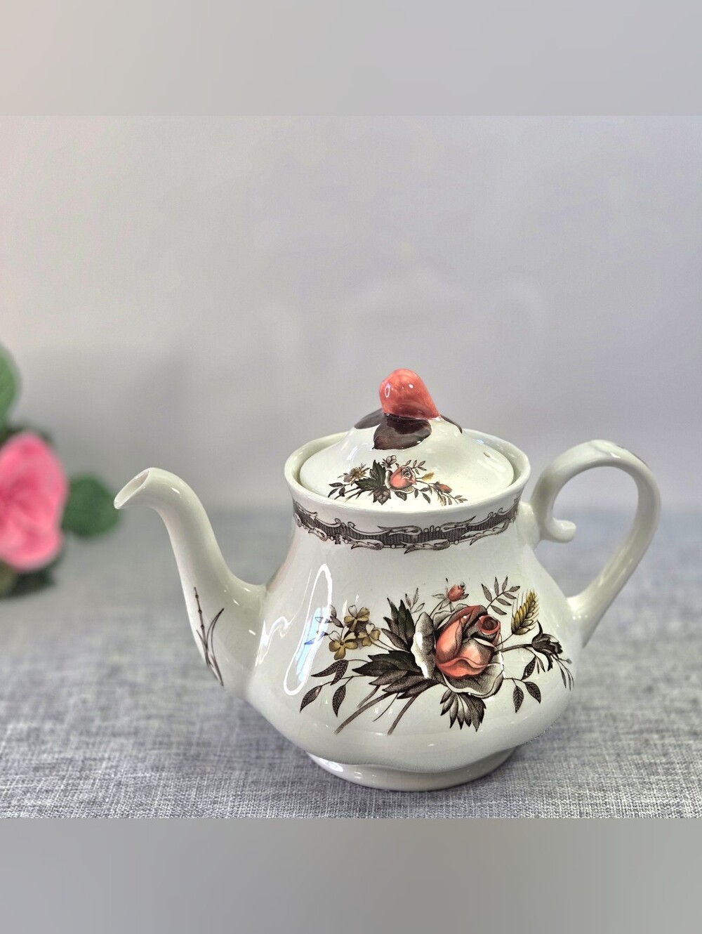 Vintage Wood & Sons Rosedale Teapot Floral Ironstone England 1960s Crazing Only